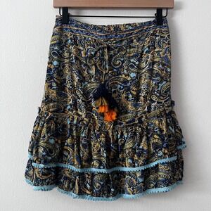 Anisa Pull On Ruffle Hem Paisley Mini Skirt Tie Waist Blue Tan Gold size M/L
